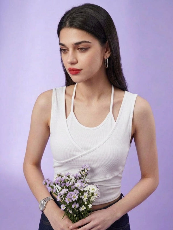 White ribbed halter neck double layer crop top