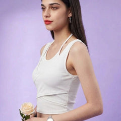 White ribbed halter neck double layer crop top