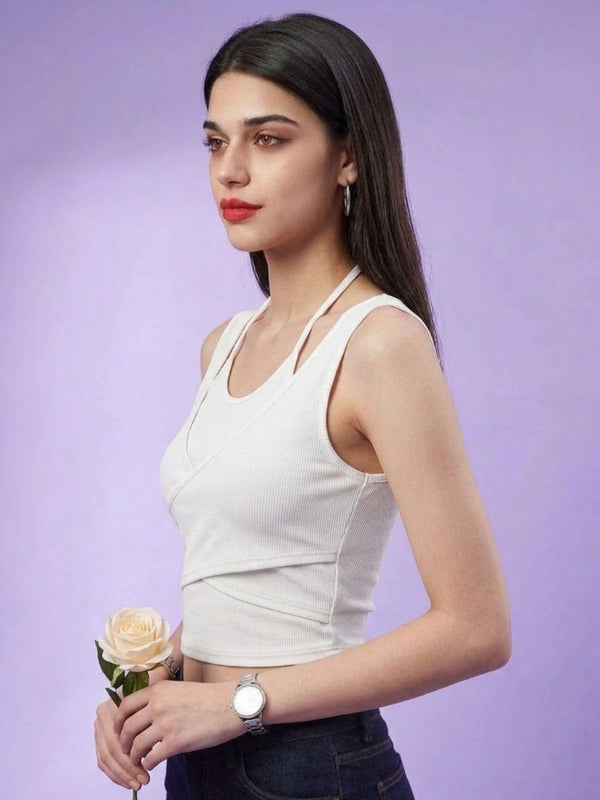 White ribbed halter neck double layer crop top