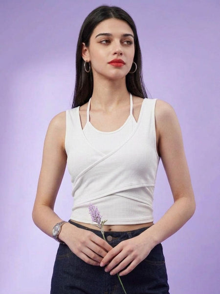 White ribbed halter neck double layer crop top