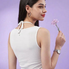 White ribbed halter neck double layer crop top