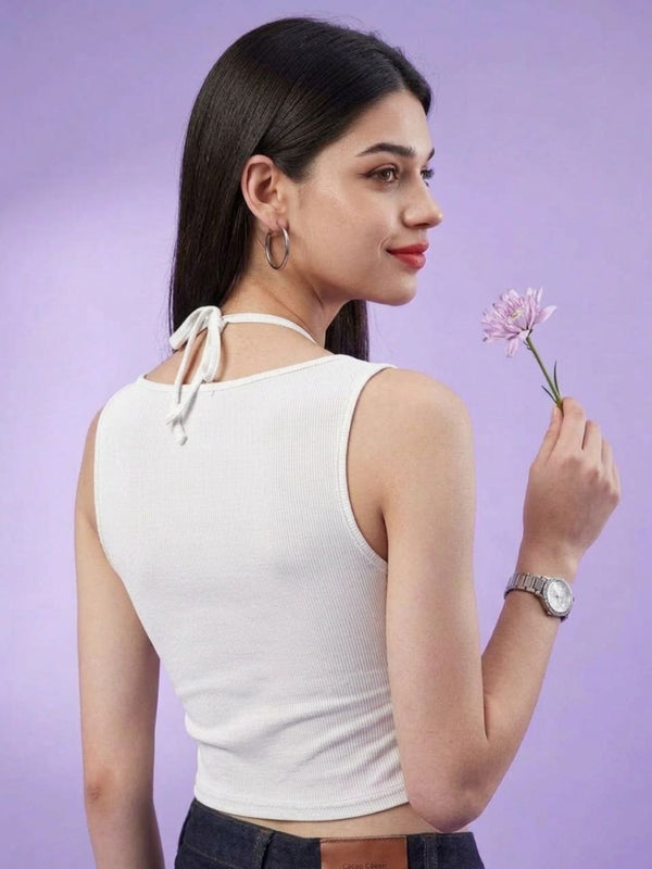 White ribbed halter neck double layer crop top