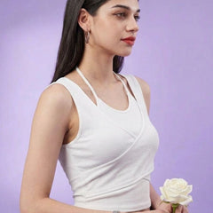 White ribbed halter neck double layer crop top