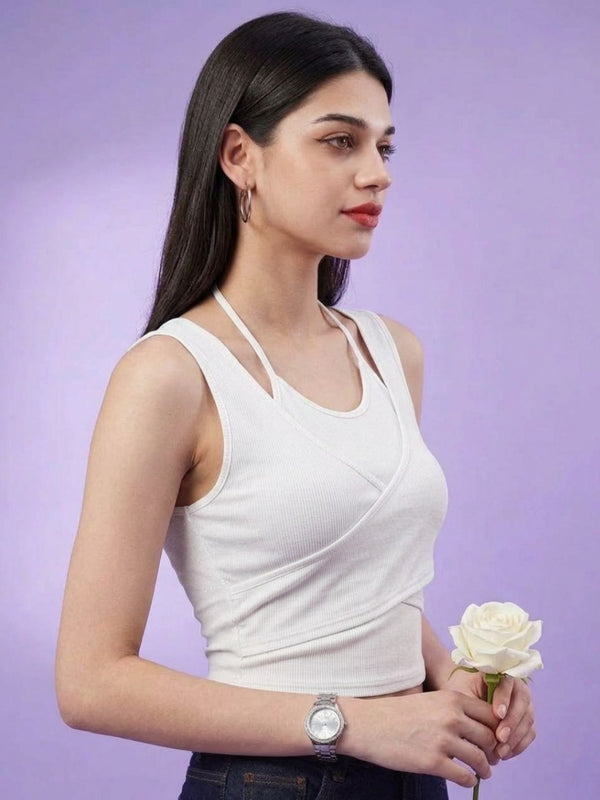 White ribbed halter neck double layer crop top