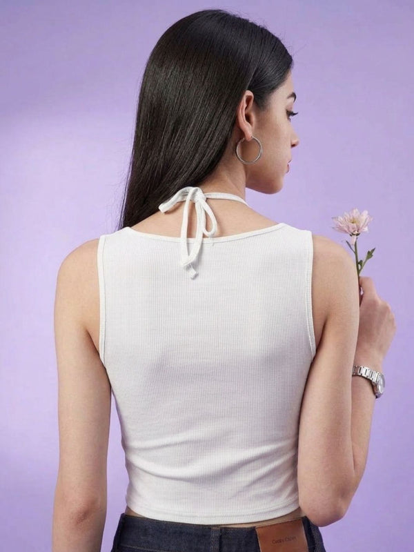 White ribbed halter neck double layer crop top