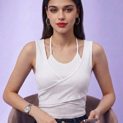 White ribbed halter neck double layer crop top