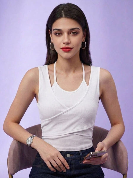 White ribbed halter neck double layer crop top