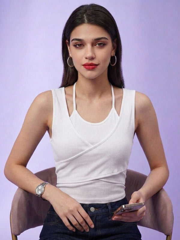 White ribbed halter neck double layer crop top