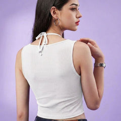 White ribbed halter neck double layer crop top