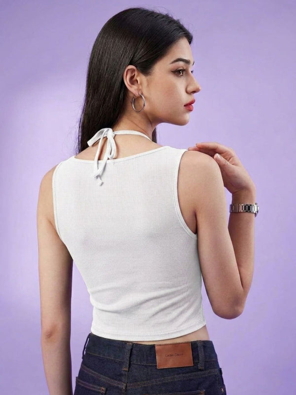 White ribbed halter neck double layer crop top