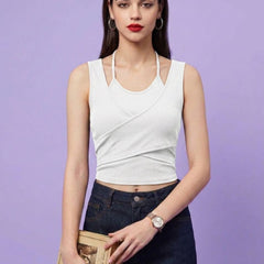 White ribbed halter neck double layer crop top
