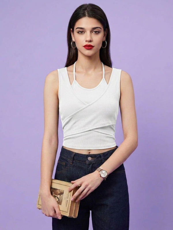 White ribbed halter neck double layer crop top