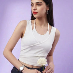 White ribbed halter neck double layer crop top
