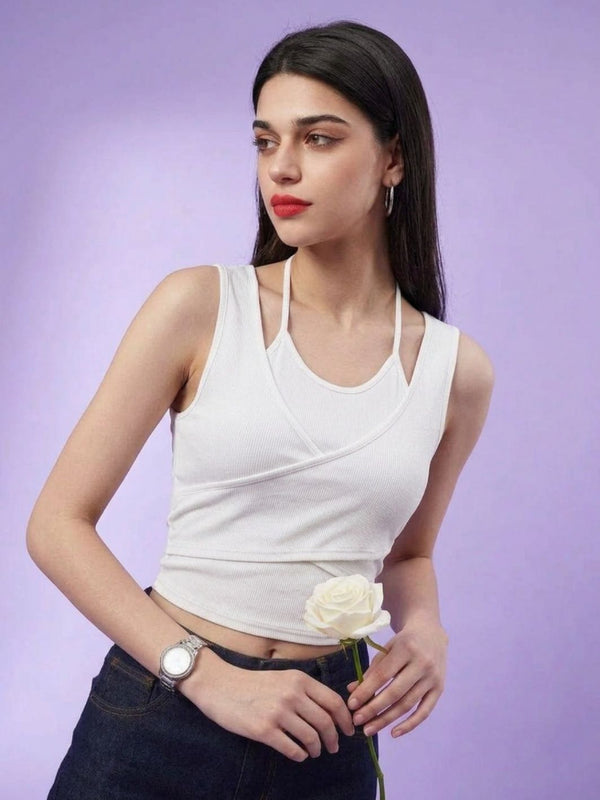White ribbed halter neck double layer crop top