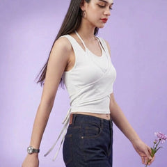 White ribbed halter neck double layer crop top
