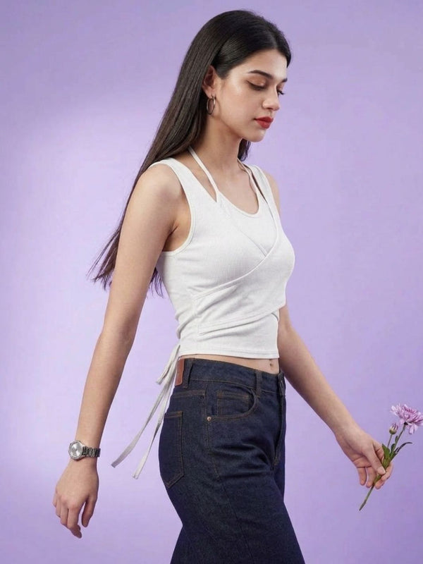 White ribbed halter neck double layer crop top