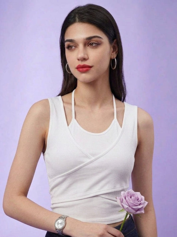 White ribbed halter neck double layer crop top