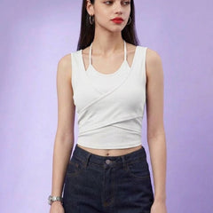 White ribbed halter neck double layer crop top