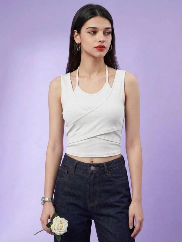 White ribbed halter neck double layer crop top