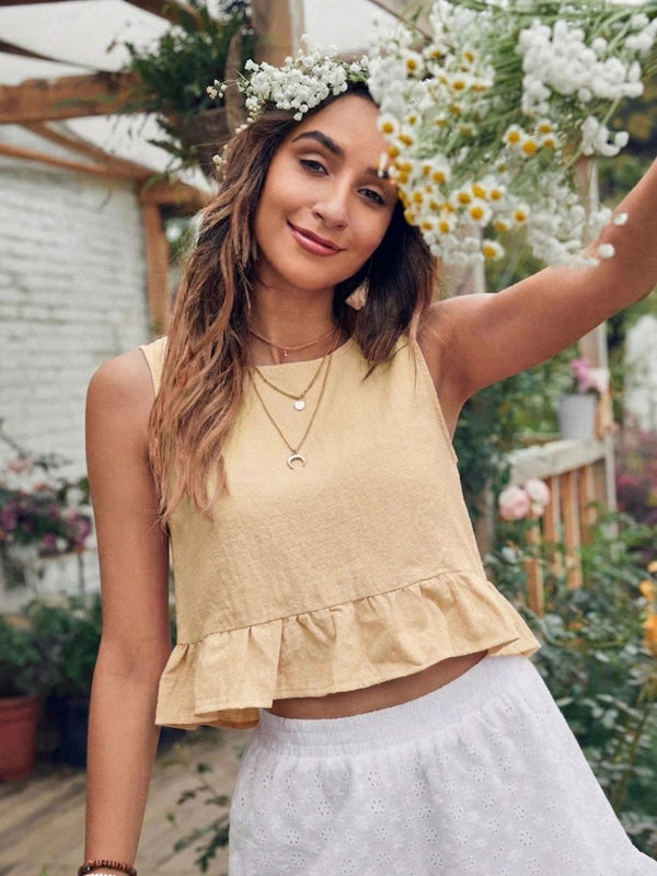 Beige cotton linen crop top