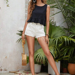Black cotton linen crop top