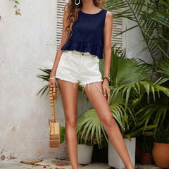 Navy Blue cotton linen crop top