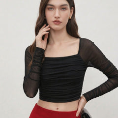 Istyle Can women black ruched net crop top front view