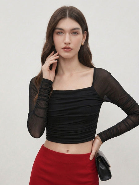 Istyle Can women black ruched net crop top front view