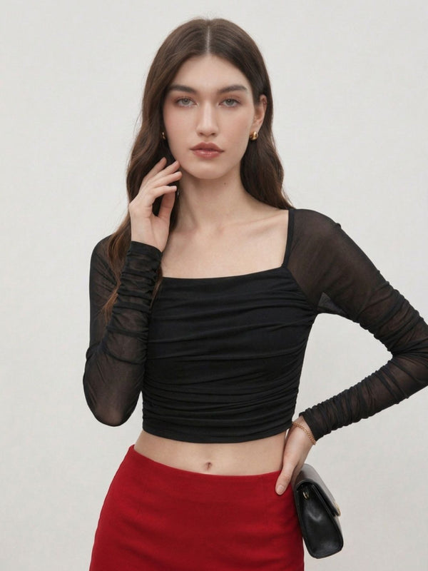 Istyle Can women black ruched net crop top front view
