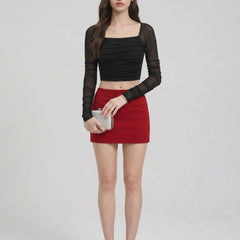 Istyle Can women black ruched net crop top view 2
