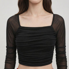 Istyle Can women black ruched net crop top view 3