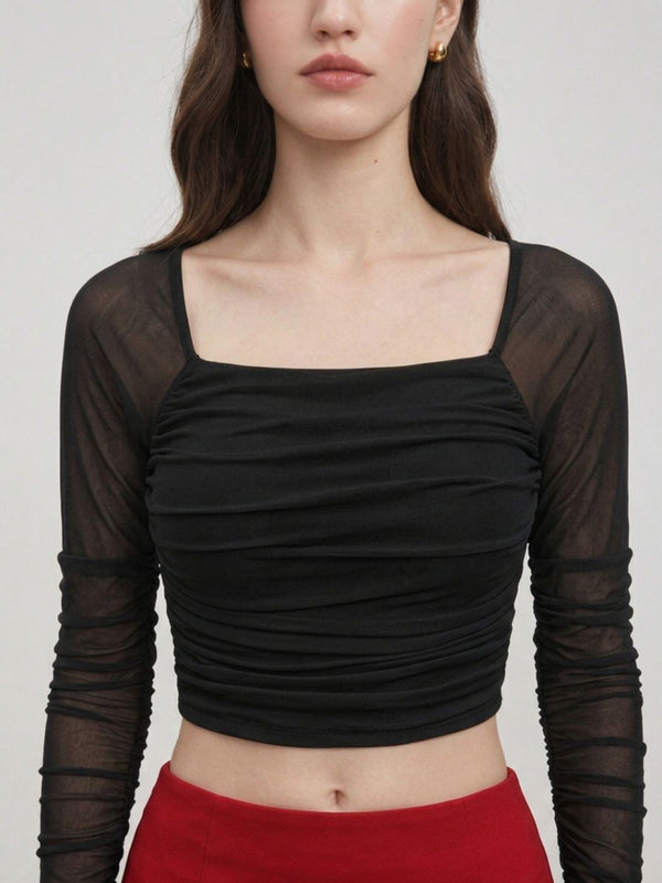 Istyle Can women black ruched net crop top view 3