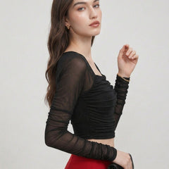 Istyle Can women black ruched net crop top view 4