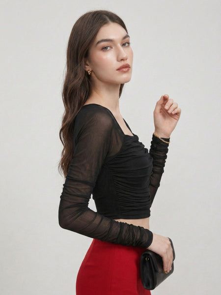 Istyle Can women black ruched net crop top view 4
