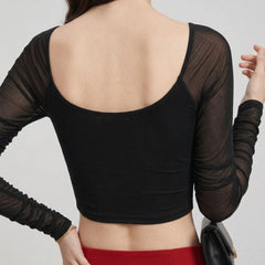 Istyle Can women black ruched net crop top view 5