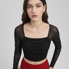 Istyle Can women black ruched net crop top view 6