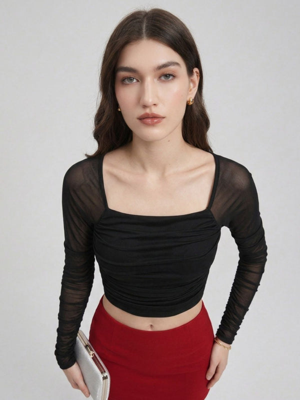 Istyle Can women black ruched net crop top view 6