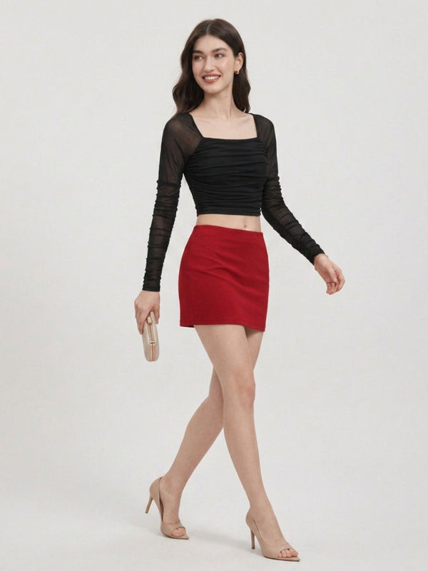 Istyle Can women black ruched net crop top view 7