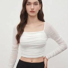 Istyle Can women white ruched net crop top front view