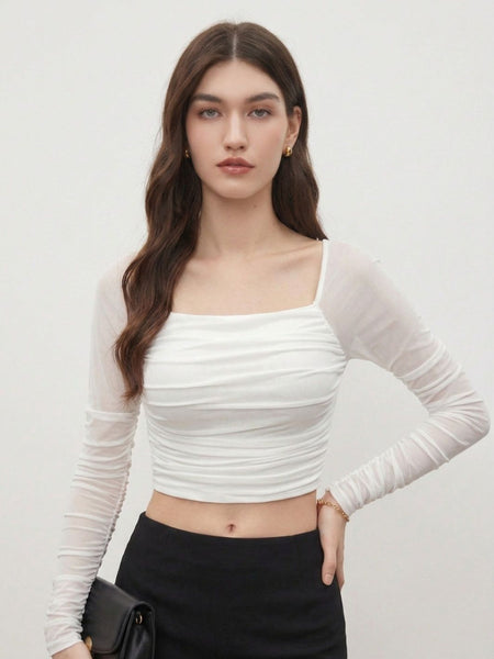 Istyle Can women white ruched net crop top front view