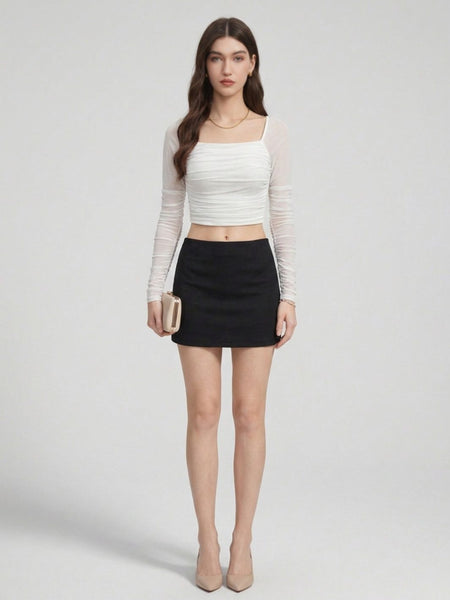 Istyle Can women white ruched net crop top view 2