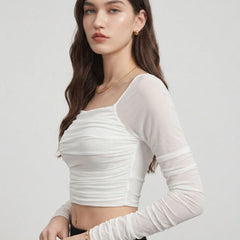 Istyle Can women white ruched net crop top view 4