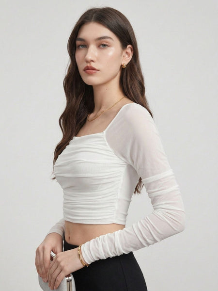 Istyle Can women white ruched net crop top view 4