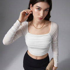 Istyle Can women white ruched net crop top view 6