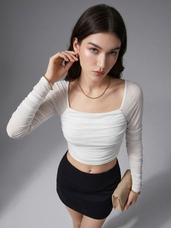 Istyle Can women white ruched net crop top view 6