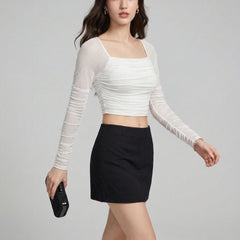 Istyle Can women white ruched net crop top view 7