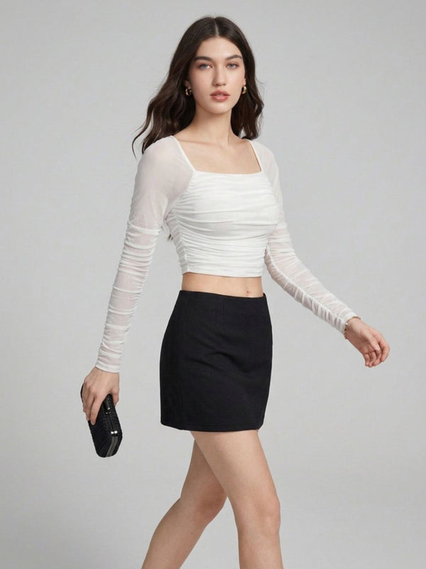 Istyle Can women white ruched net crop top view 7