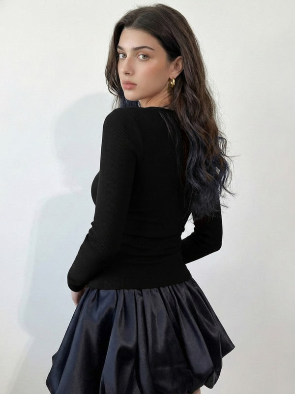 Black ribbed square neck top back view