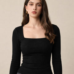 Black ribbed square neck top front view