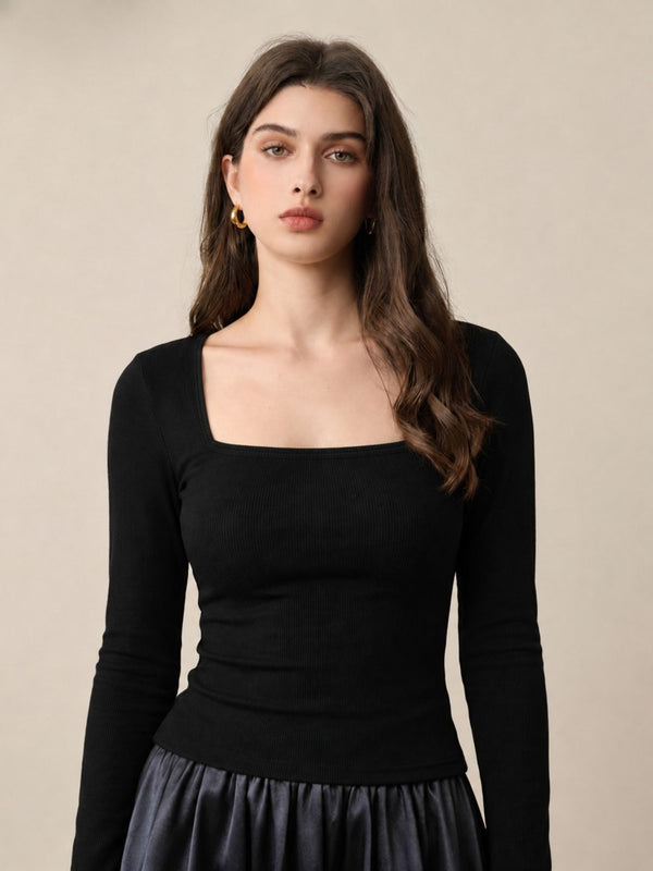 Black ribbed square neck top front view